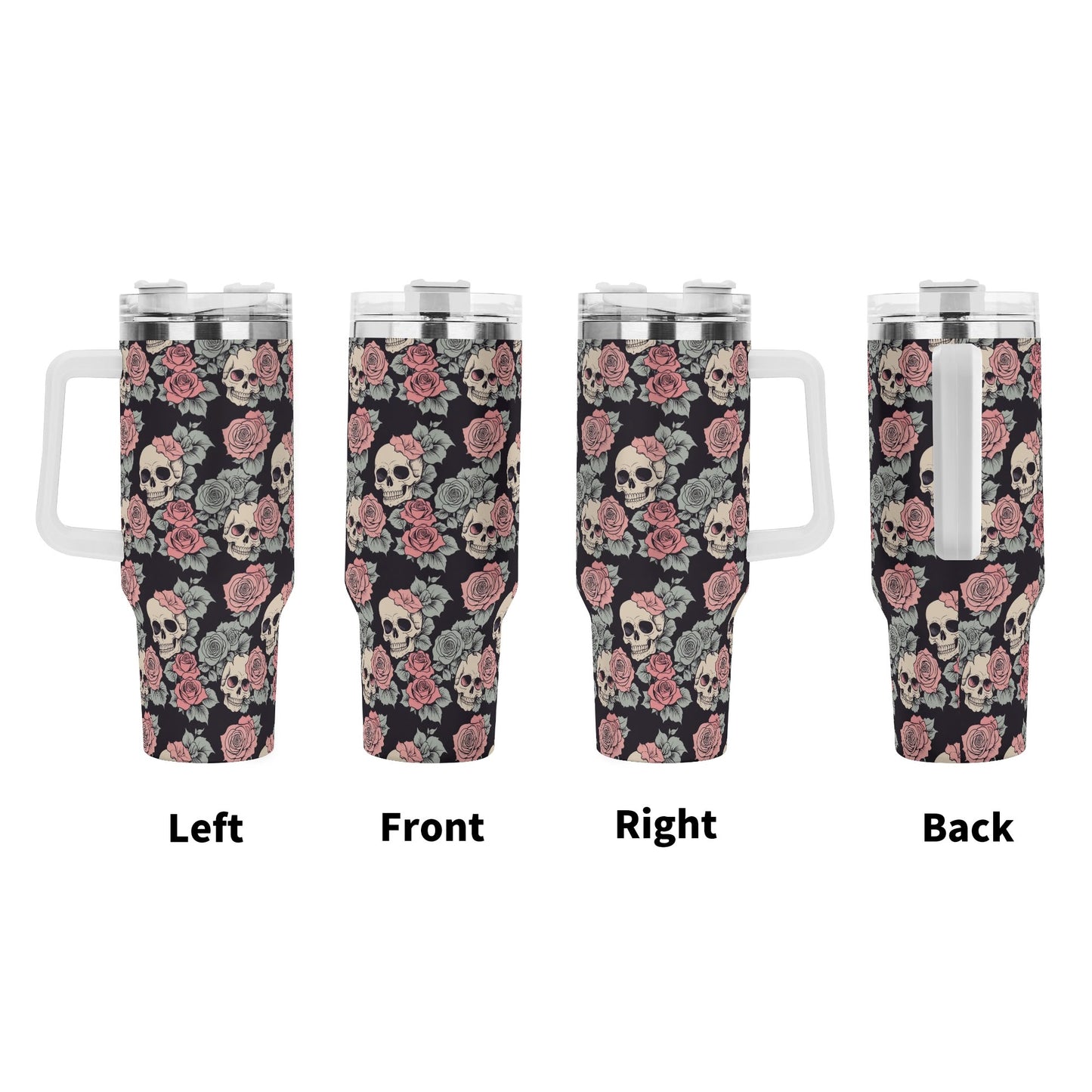 Skull and Pink Rose 40oz Stainless Steel Tumbler Gift With White Handle and Straw