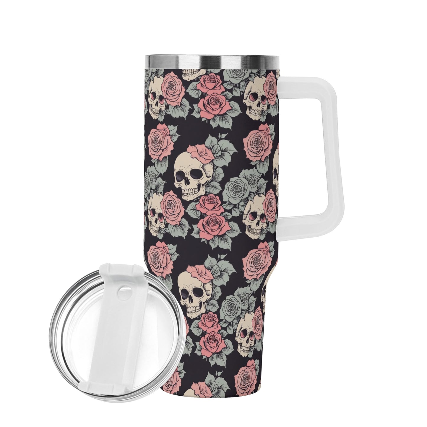 Skull and Pink Rose 40oz Stainless Steel Tumbler Gift With White Handle and Straw