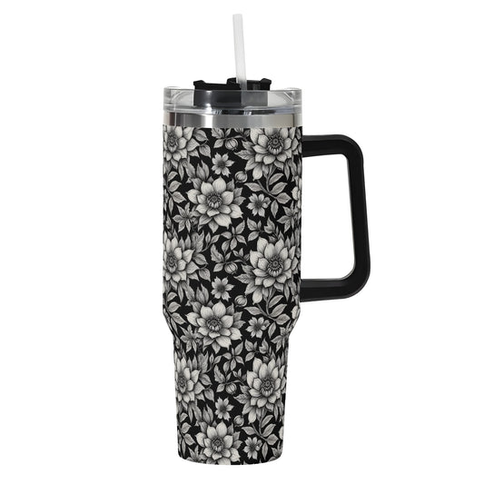 Black and White Bloom 40oz Stainless Steel Tumbler Gift With Black Handle and Straw