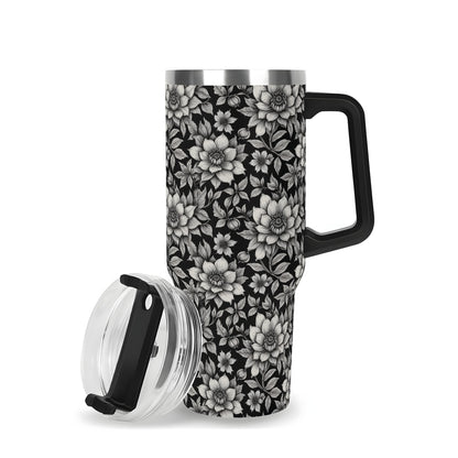 Black and White Bloom 40oz Stainless Steel Tumbler Gift With Black Handle and Straw