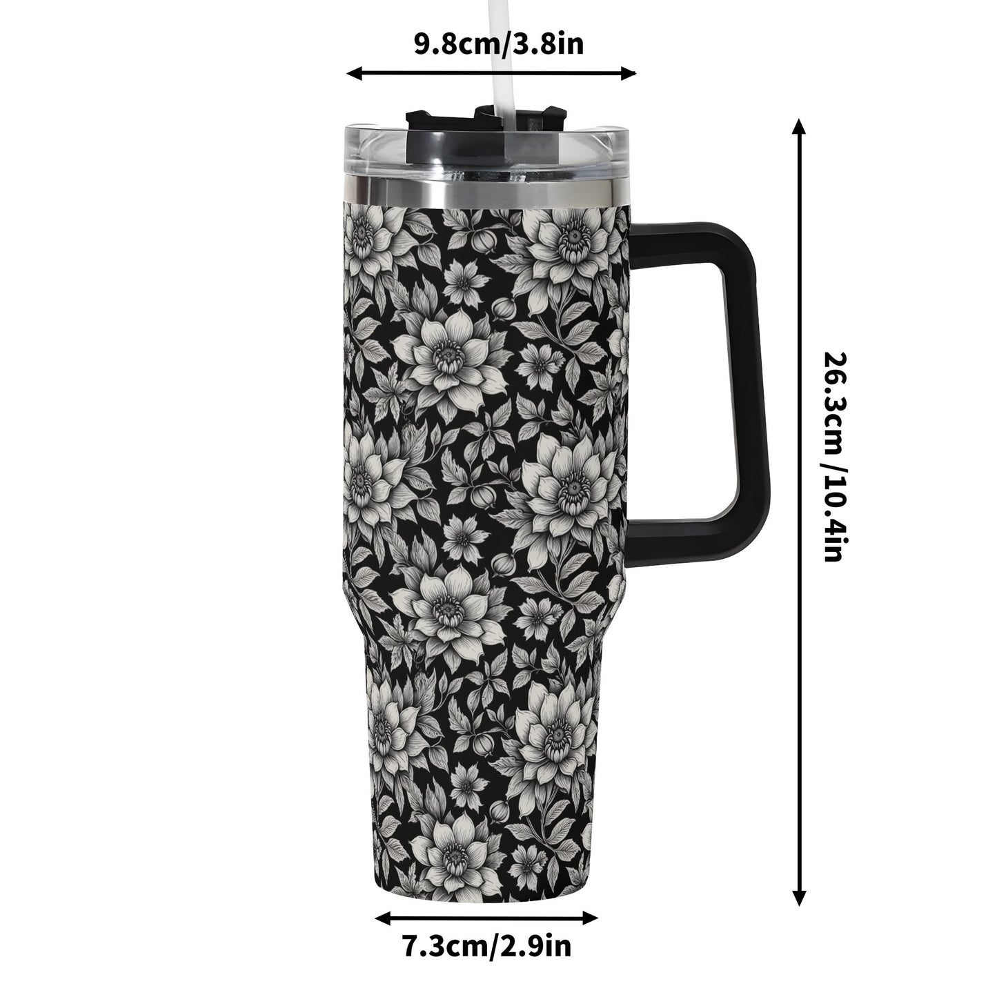 Black and White Bloom 40oz Stainless Steel Tumbler Gift With Black Handle and Straw