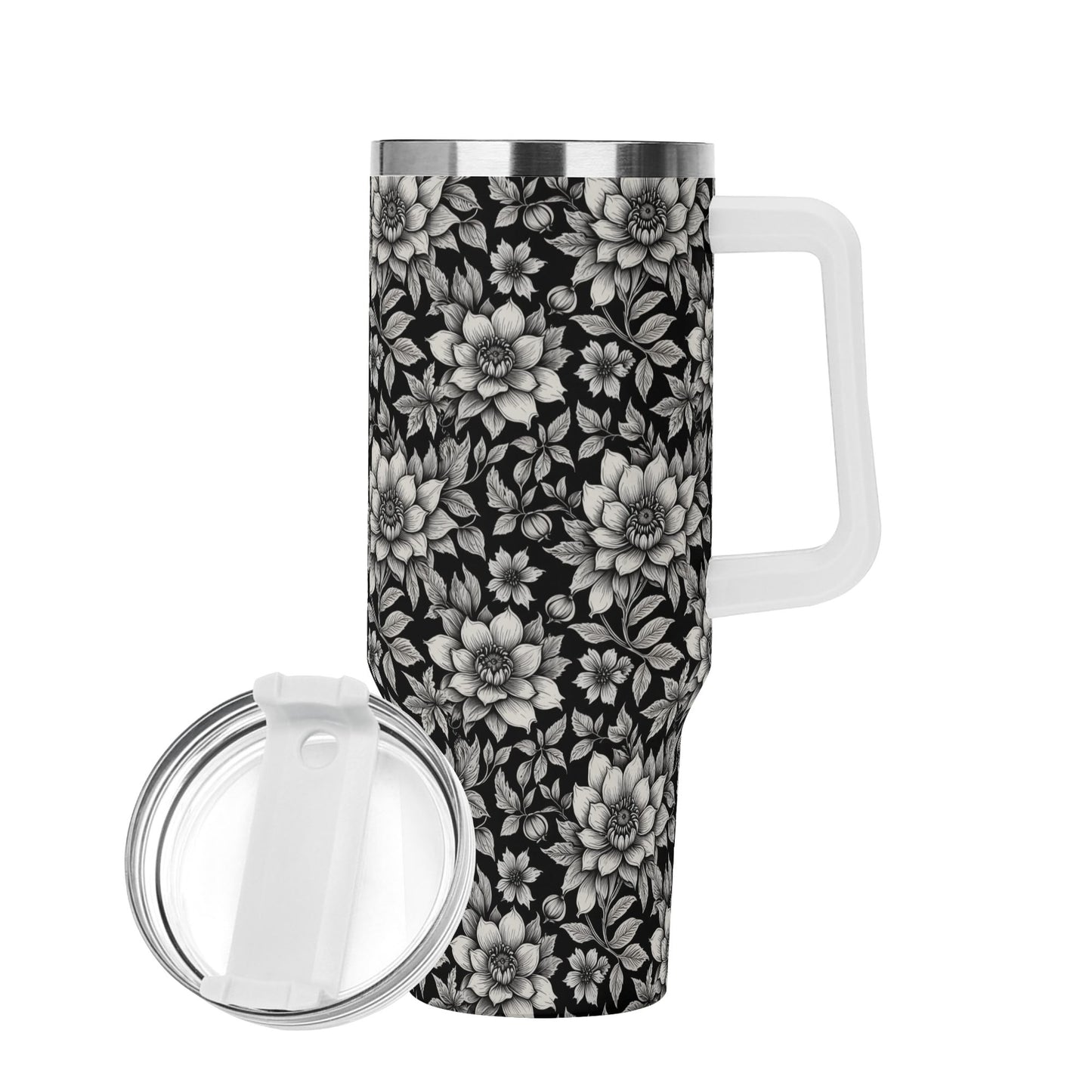 Black and White Bloom 40oz Stainless Steel Tumbler Gift With White Handle and Straw