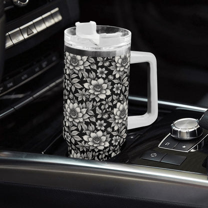 Black and White Bloom 40oz Stainless Steel Tumbler Gift With White Handle and Straw