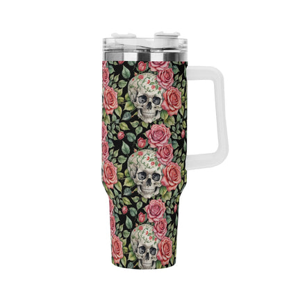 Pink Skulls 40oz Stainless Steel Tumbler Gift With White Handle and Straw