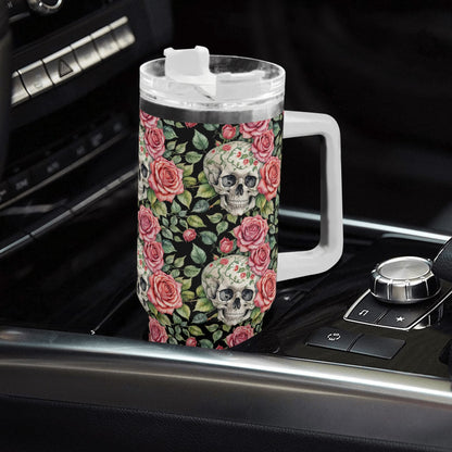 Pink Skulls 40oz Stainless Steel Tumbler Gift With White Handle and Straw