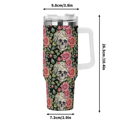 Pink Skulls 40oz Stainless Steel Tumbler Gift With White Handle and Straw