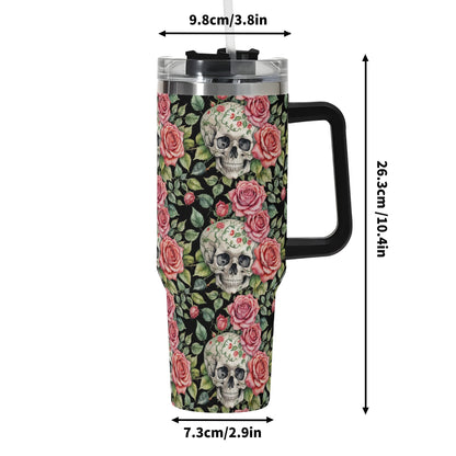 Pink Skulls 40oz Stainless Steel Tumbler Gift With Black Handle and Straw