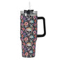 Pastel Floral and Skulls 40oz Stainless Steel Tumbler Gift With Black Handle and Straw