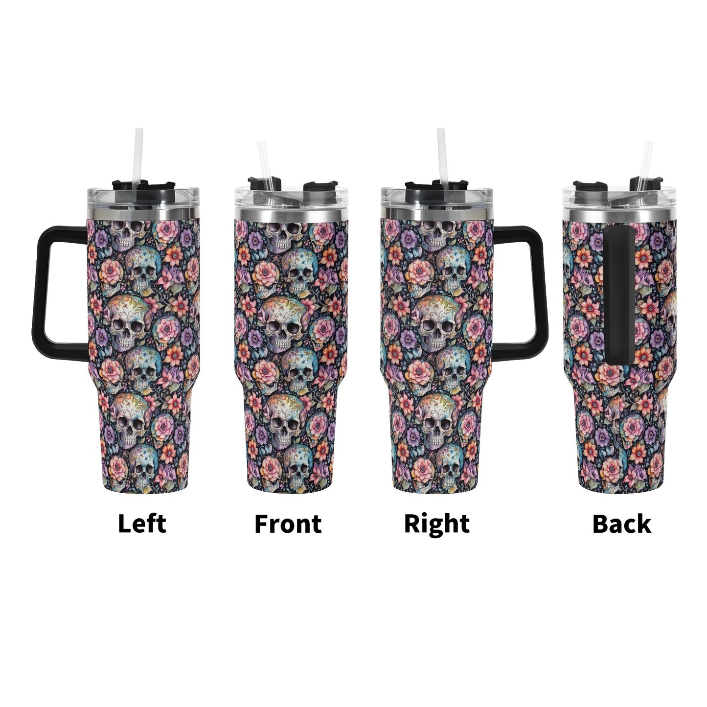 Pastel Floral and Skulls 40oz Stainless Steel Tumbler Gift With Black Handle and Straw