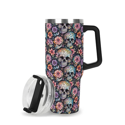 Pastel Floral and Skulls 40oz Stainless Steel Tumbler Gift With Black Handle and Straw