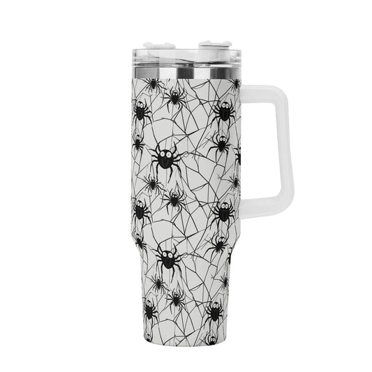 Cute Spider White and Black 40oz Stainless Steel Tumbler Gift With White Handle and Straw