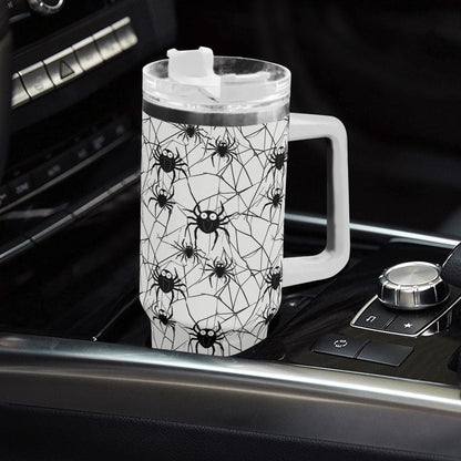 Cute Spider White and Black 40oz Stainless Steel Tumbler Gift With White Handle and Straw