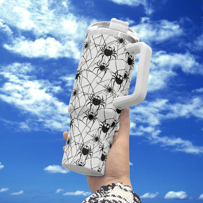 Cute Spider White and Black 40oz Stainless Steel Tumbler Gift With White Handle and Straw