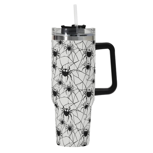 Cute Spiders White and Black 40oz Stainless Steel Tumbler Gift With Black Handle and Straw