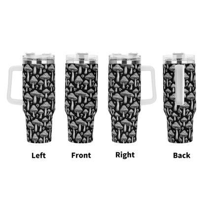 Black and White Mushrooms 40oz Stainless Steel Tumbler Gift With White Handle and Straw