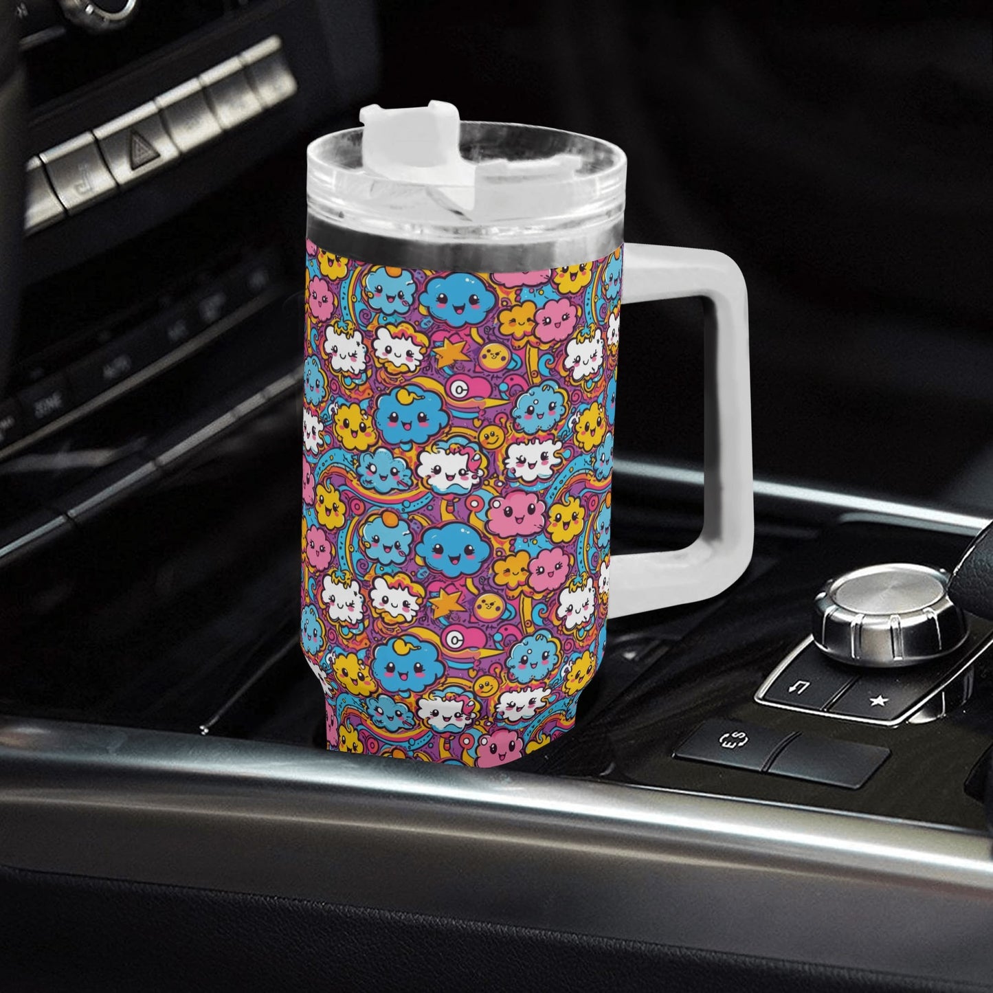 Cute Clouds 40oz Stainless Steel Tumbler Gift With White Handle and Straw