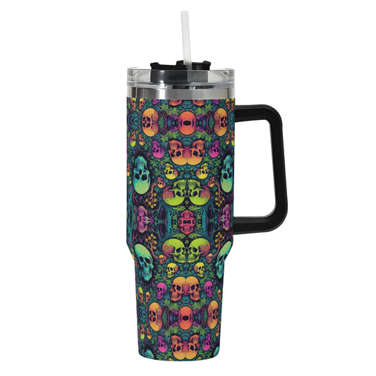 Trippy Skulls 40oz Stainless Steel Tumbler Gift With Black Handle and Straw