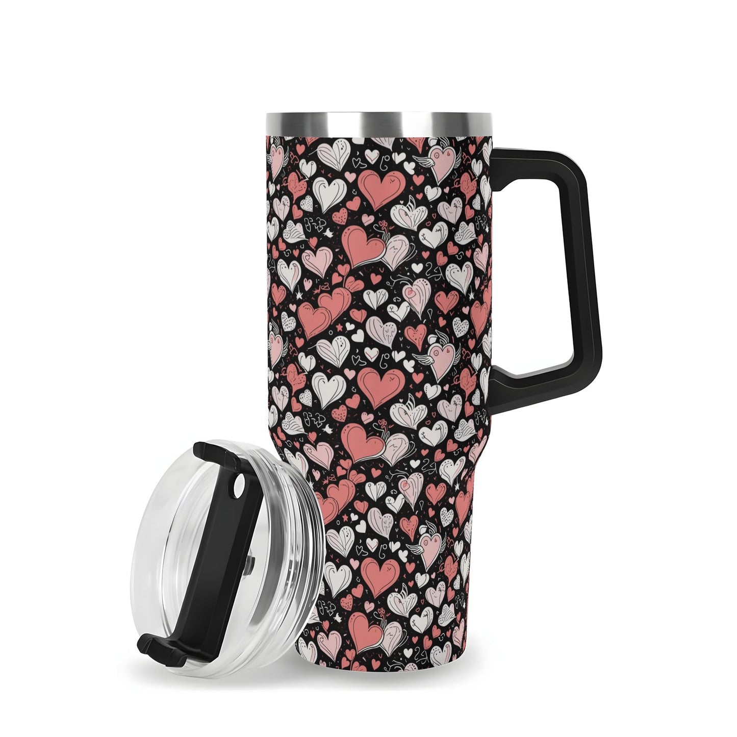 Colorful Hearts 40oz Stainless Steel Tumbler Gift With Black Handle and Straw