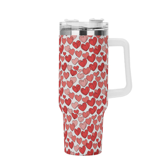 Red Little Hearts 40oz Stainless Steel Tumbler Gift With White Handle and Straw