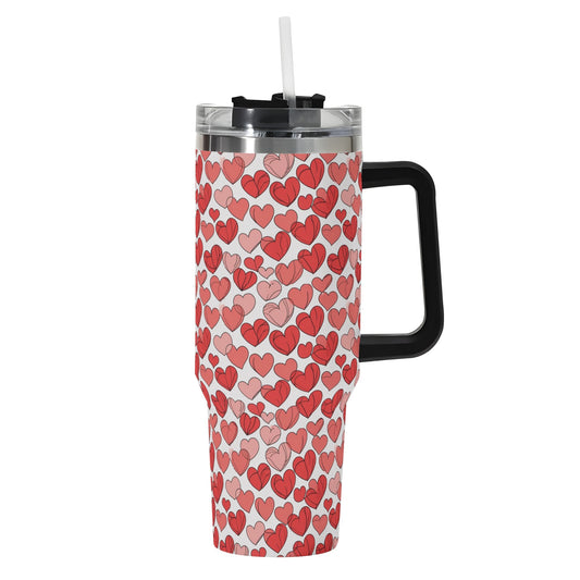 Red Little Hearts 40oz Stainless Steel Tumbler Gift With Black Handle and Straw