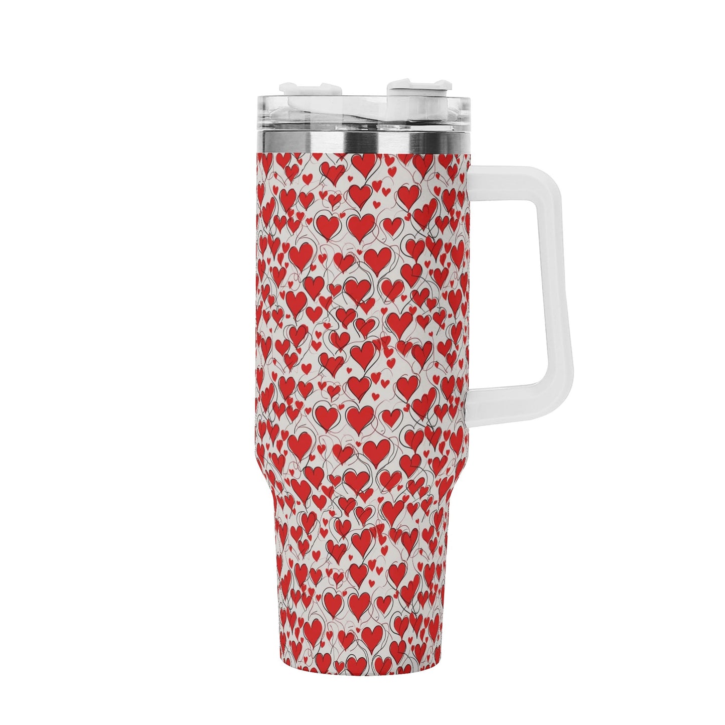 Scribbled Hearts 40oz Stainless Steel Tumbler Gift With White Handle and Straw