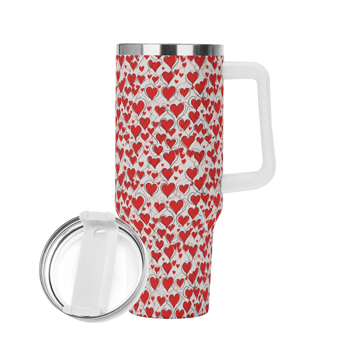 Scribbled Hearts 40oz Stainless Steel Tumbler Gift With White Handle and Straw