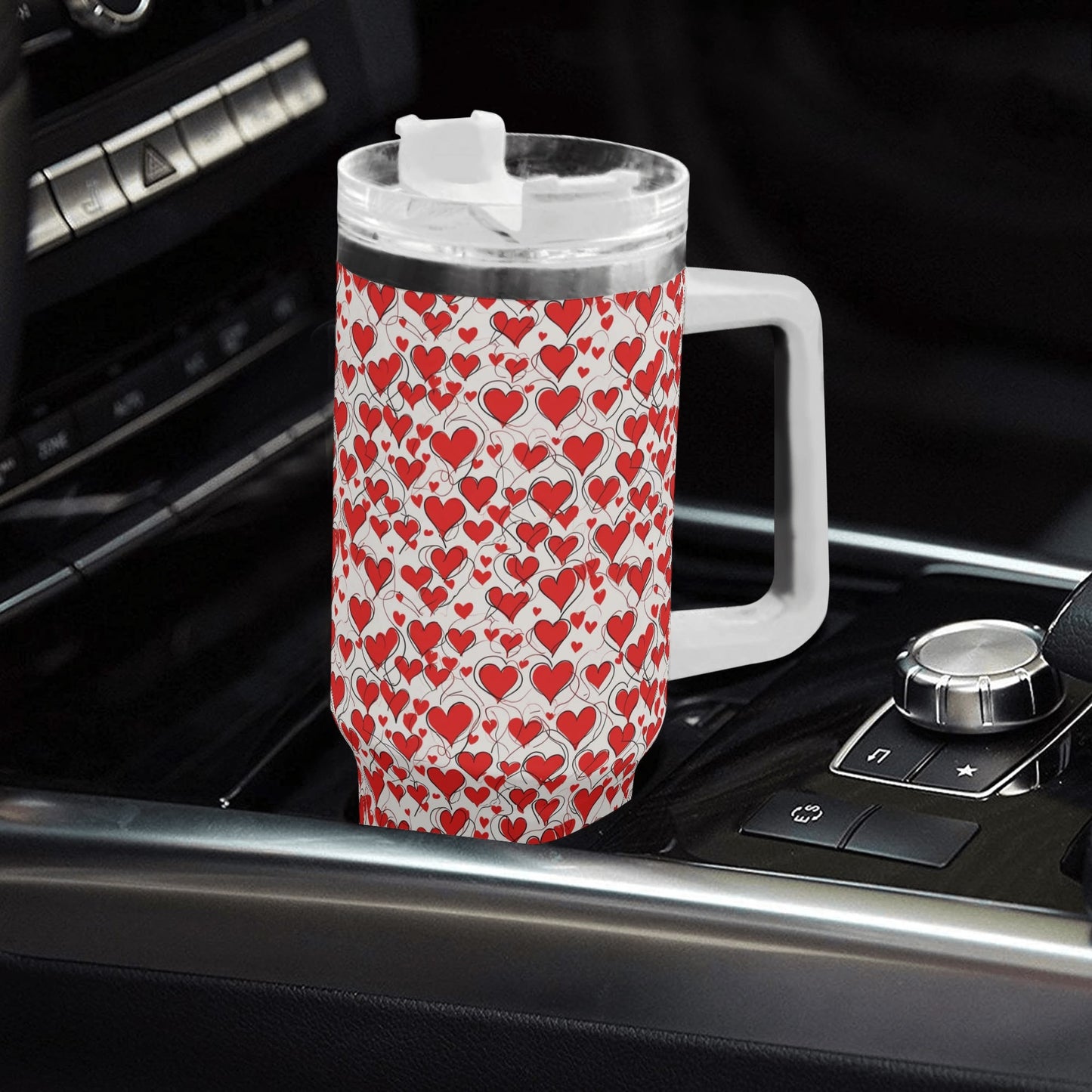 Scribbled Hearts 40oz Stainless Steel Tumbler Gift With White Handle and Straw