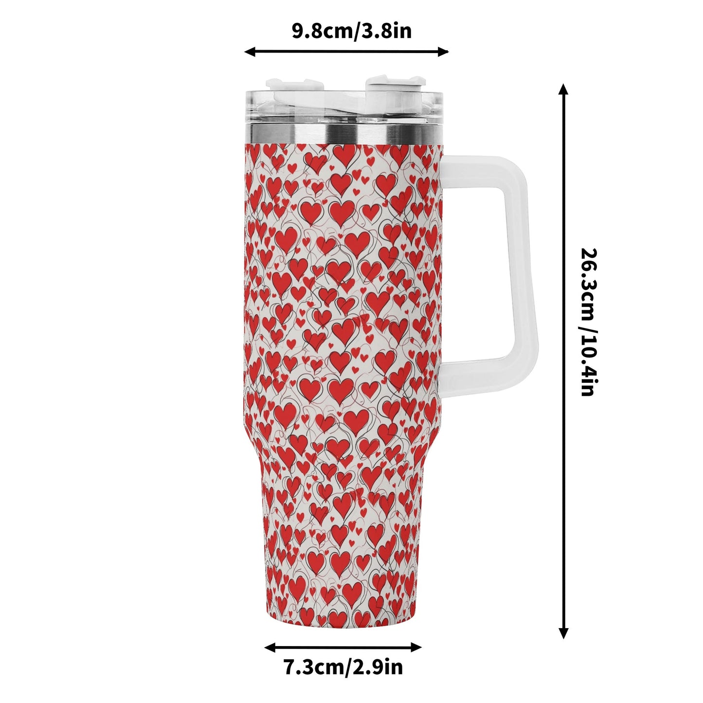 Scribbled Hearts 40oz Stainless Steel Tumbler Gift With White Handle and Straw