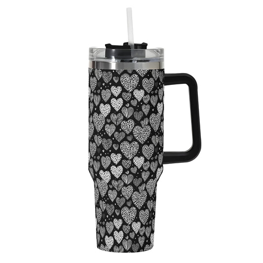 Black and White Hearts 40oz Stainless Steel Tumbler Gift With Black Handle and Straw