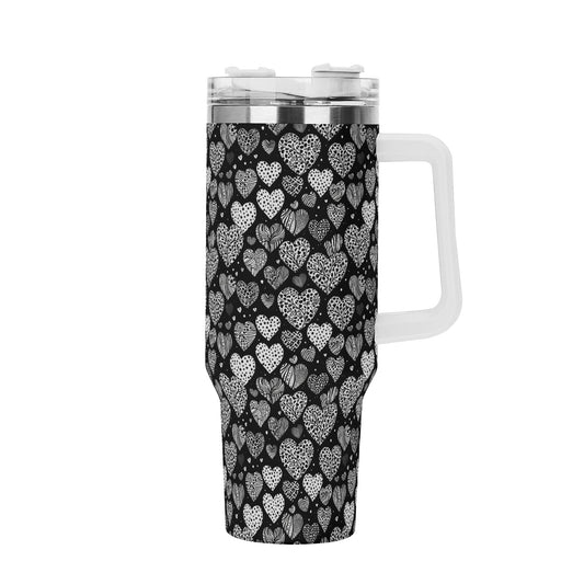 Black and White Hearts 40oz Stainless Steel Tumbler Gift With White Handle and Straw