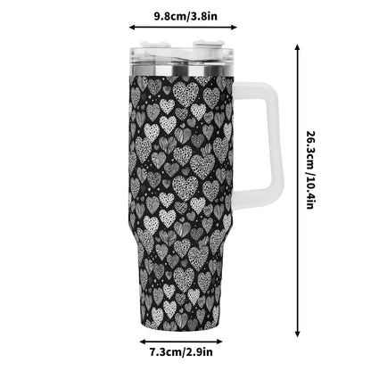 Black and White Hearts 40oz Stainless Steel Tumbler Gift With White Handle and Straw