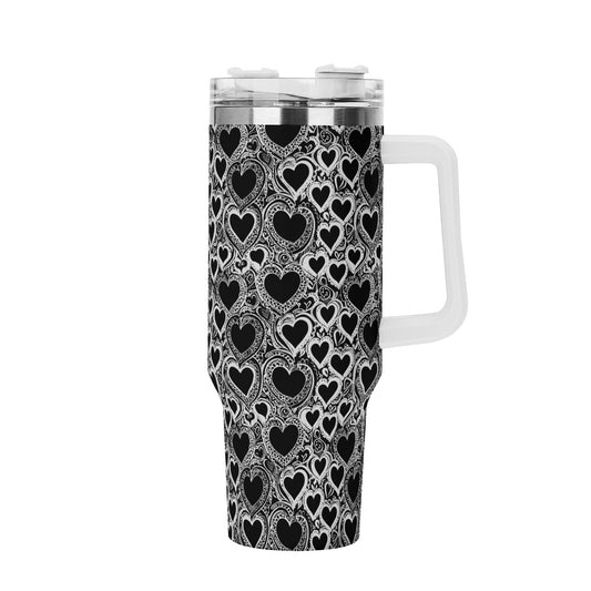 Black and White Groovy Hearts 40oz Stainless Steel Tumbler Gift With White Handle and Straw