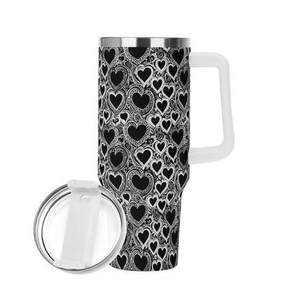 Black and White Groovy Hearts 40oz Stainless Steel Tumbler Gift With White Handle and Straw