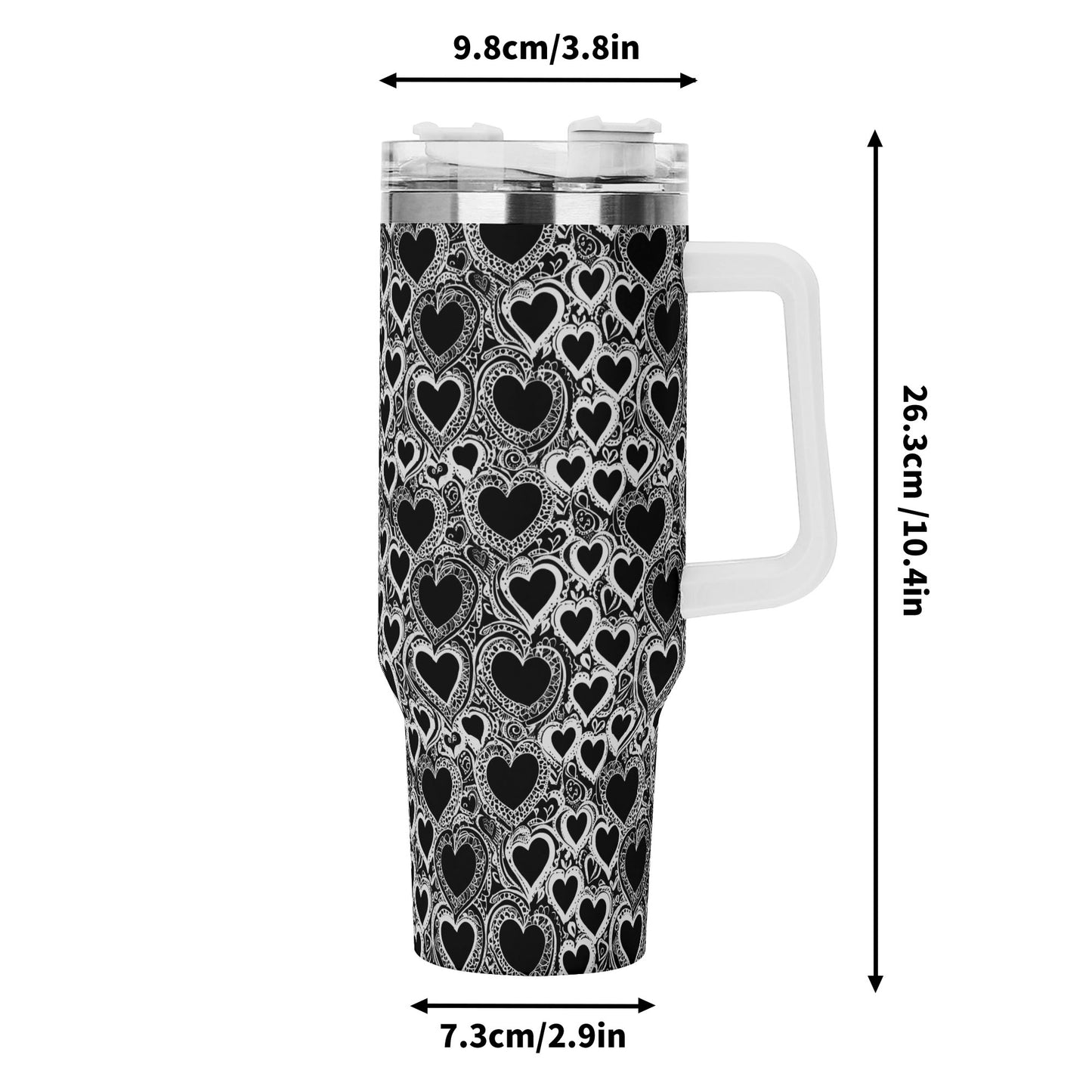 Black and White Groovy Hearts 40oz Stainless Steel Tumbler Gift With White Handle and Straw