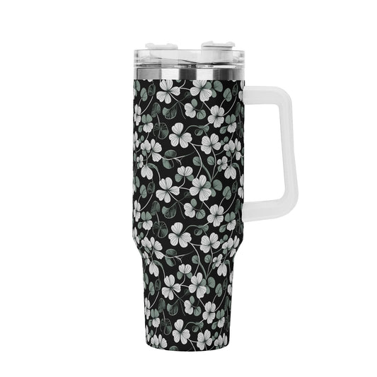 White and Green Clover 40oz Stainless Steel Tumbler Gift With White Handle and Straw