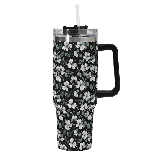 White and Green Clover 40oz Stainless Steel Tumbler Gift With Black Handle and Straw