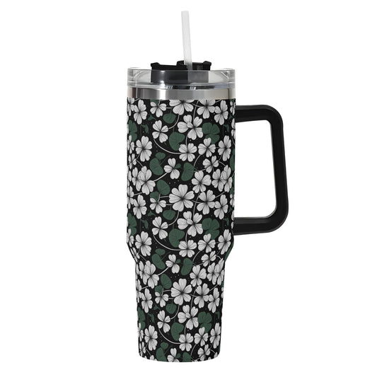 White Clover 40oz Stainless Steel Tumbler Gift With Black Handle and Straw