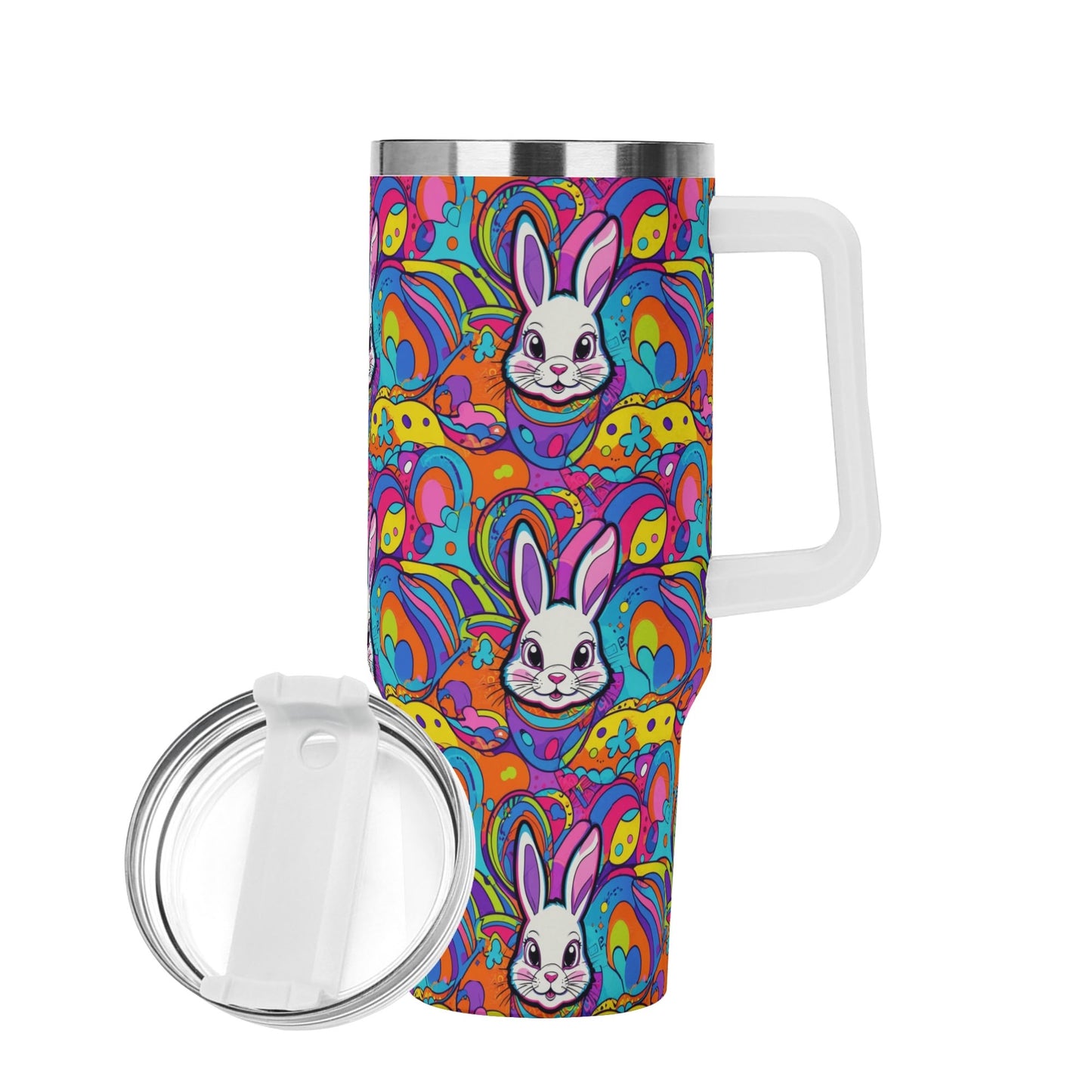 Trippy Bunny 40oz Stainless Steel Tumbler Gift With White Handle and Straw