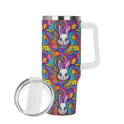 Trippy Bunny 40oz Stainless Steel Tumbler Gift With White Handle and Straw