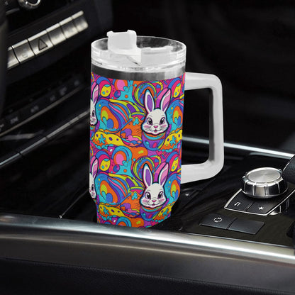 Trippy Bunny 40oz Stainless Steel Tumbler Gift With White Handle and Straw