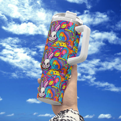 Trippy Bunny 40oz Stainless Steel Tumbler Gift With White Handle and Straw