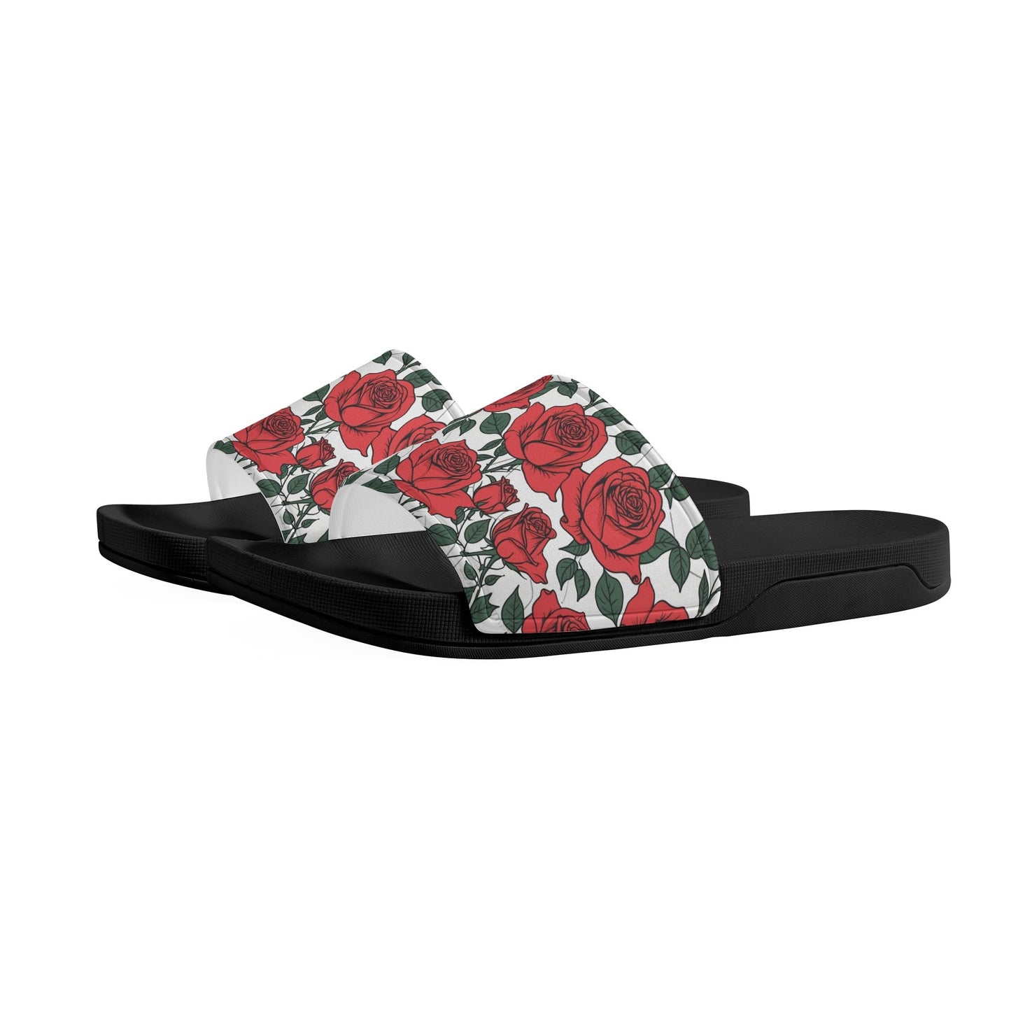 Red Leafy Roses Womens Slide Sandals