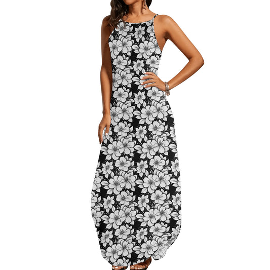 Black and White Floral Womens Elegant Sleeveless Evening Dress