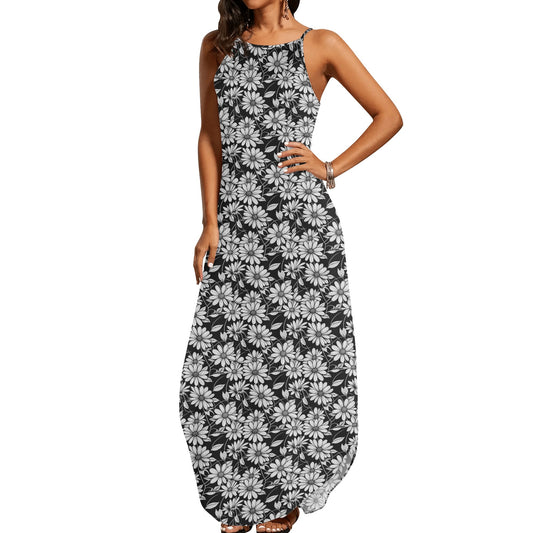 Black and White Daisy Womens Elegant Sleeveless Evening Dress