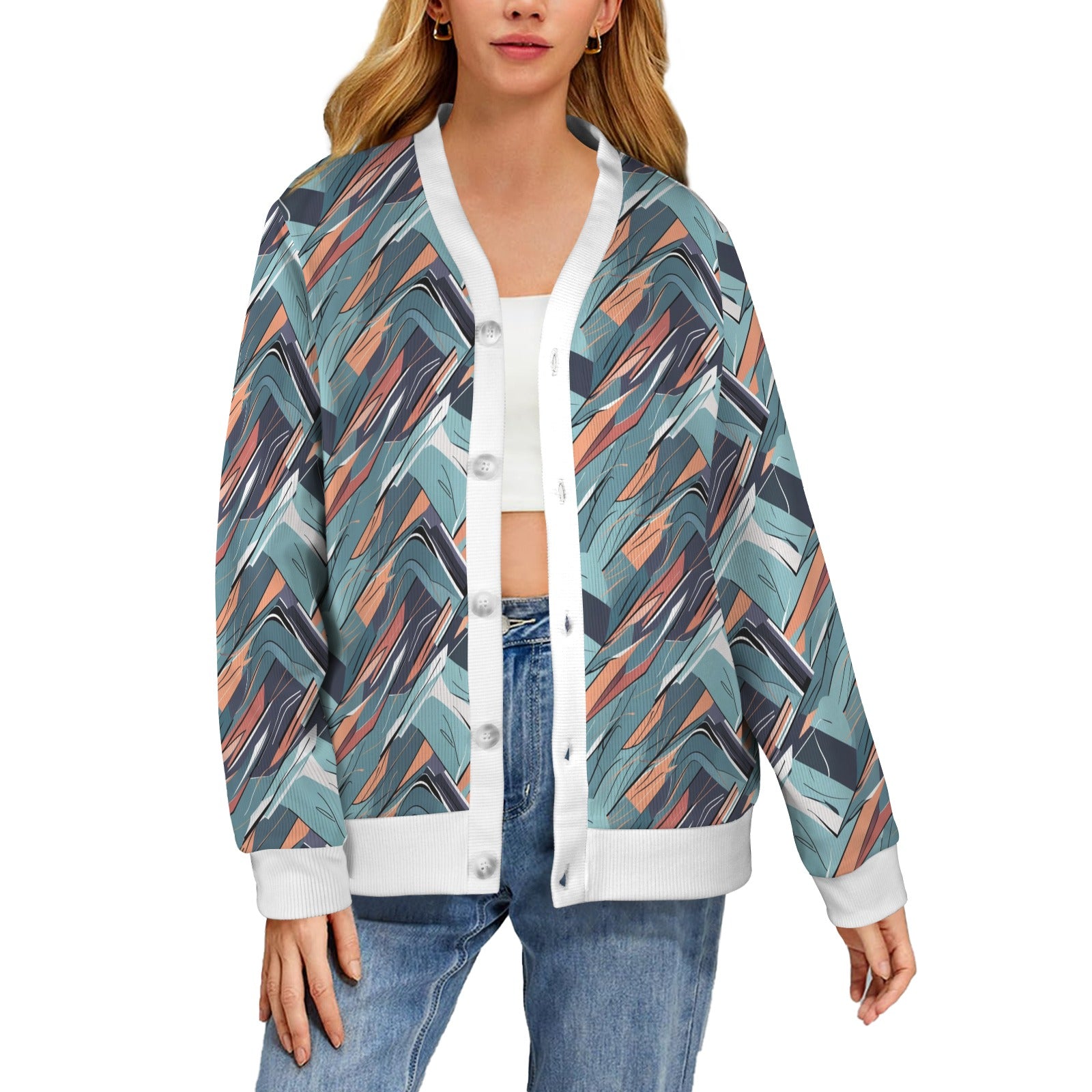 Abstract Breeze Women's Cardigan Button Sweater Custom Women's Cardigan (Model H73) DeRose Seasonal