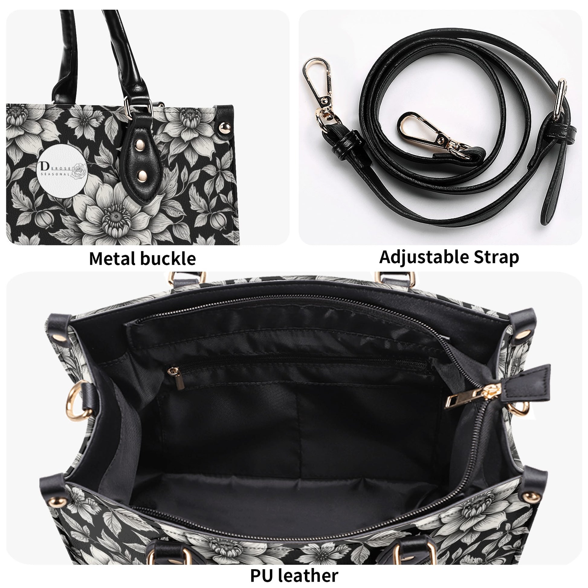 Black and White Bloom Luxury Women Leather Handbag DeRose Seasonal