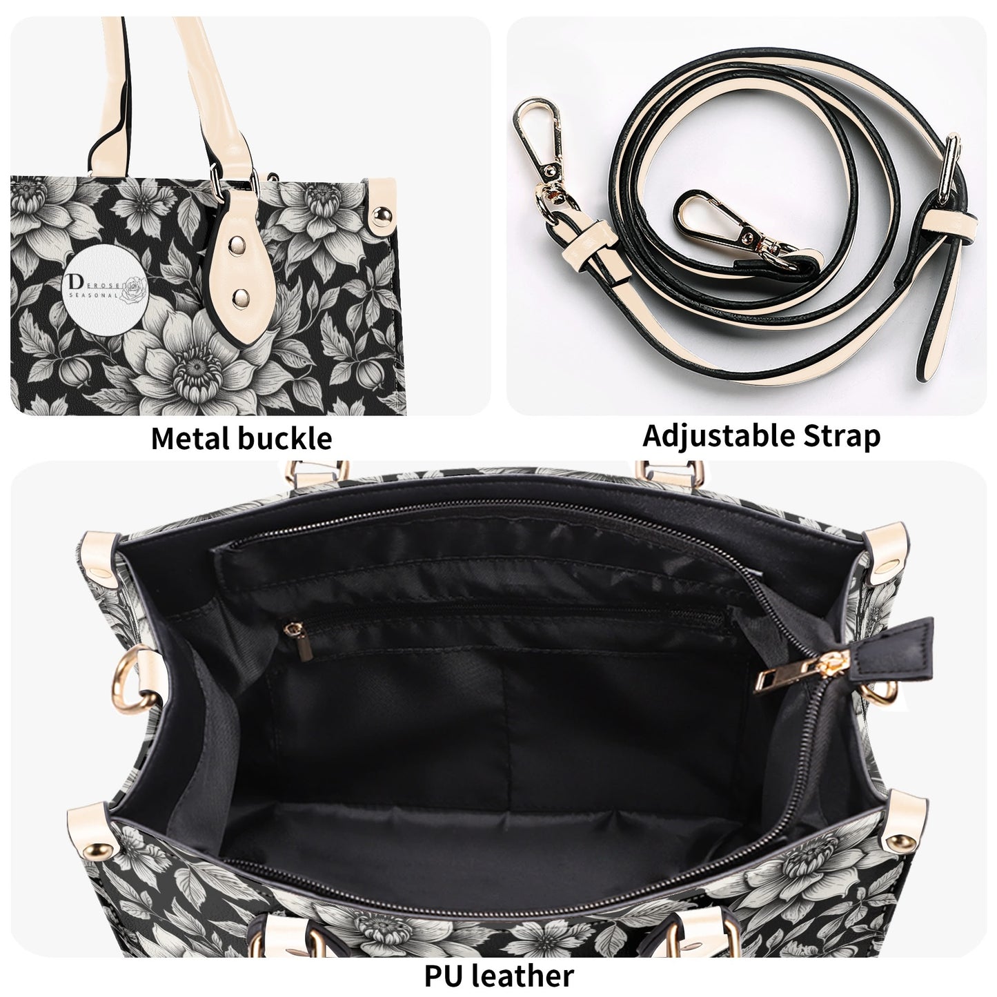 Black and White Bloom Luxury Women Leather Handbag DeRose Seasonal