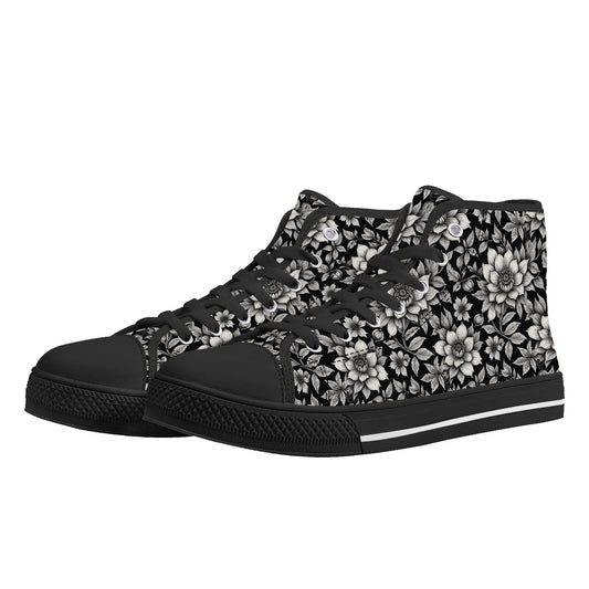 Black and White Bloom Mens High Top Canvas Shoes DeRose Seasonal