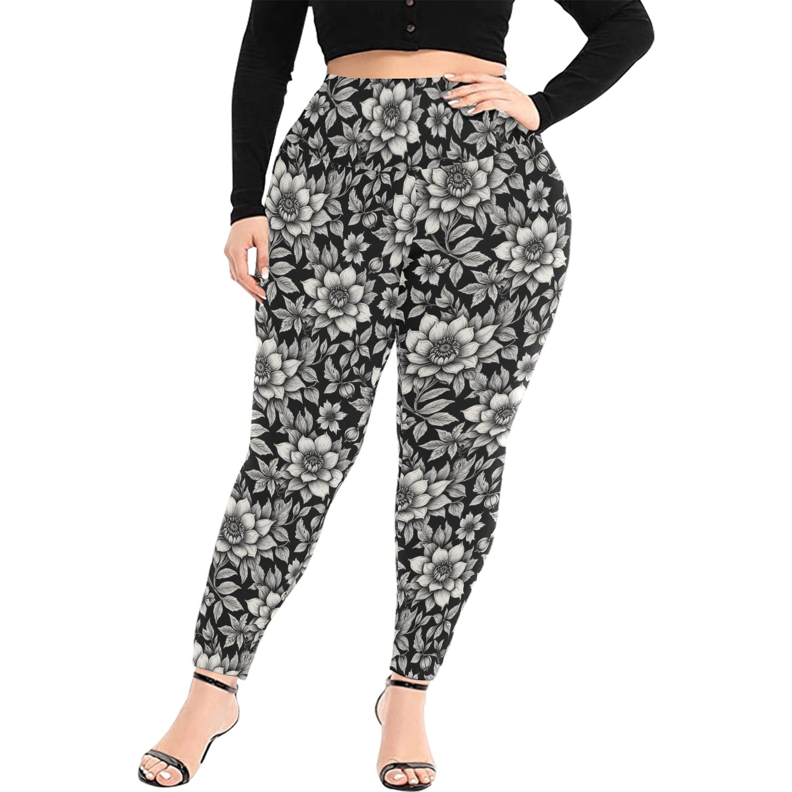 Black and White Bloom Women's Plus Size High Waited Leggings Women's High Waist Leggings(Plus Size)(ModelL45) DeRose Seasonal