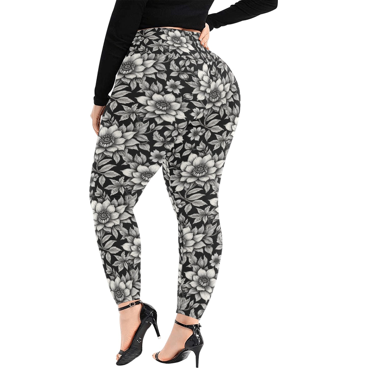 Black and White Bloom Women's Plus Size High Waited Leggings Women's High Waist Leggings(Plus Size)(ModelL45) DeRose Seasonal